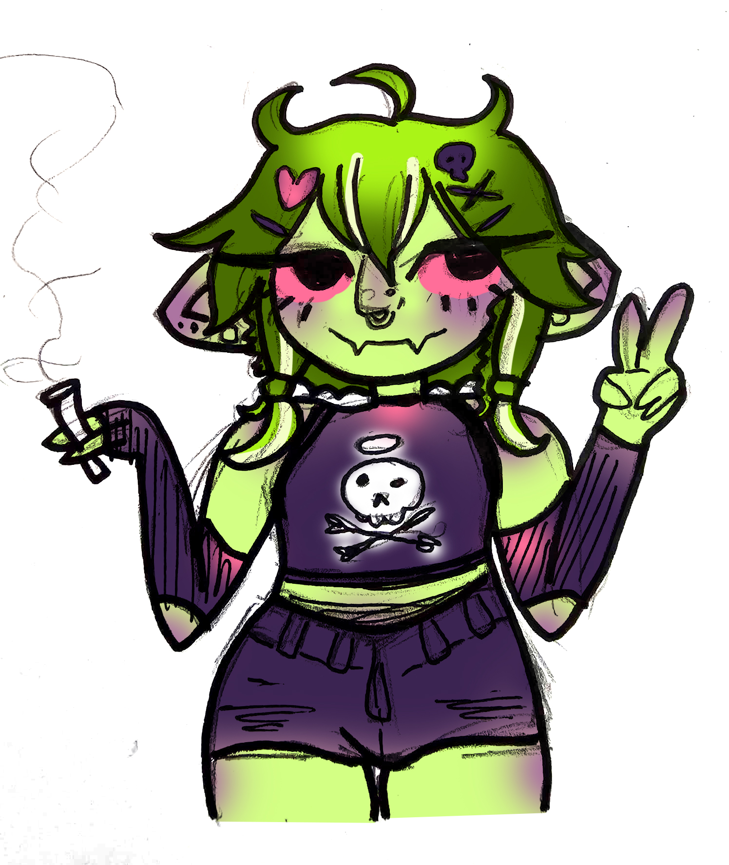 Zooty — green goblin character with purple skull tee, holding a peace sign and a smoke
